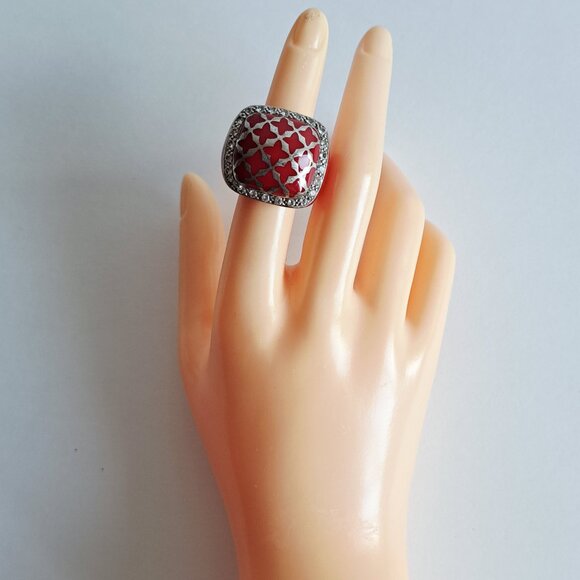 Angelique de Paris 925 Silver Zircon & Resin Red Square Ring Size 6 - Picture 12 of 12